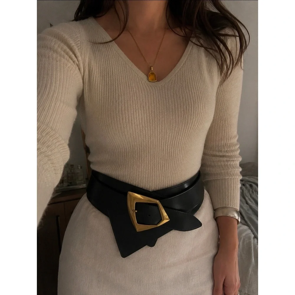 Womens Black Leather Wide Waist Belt Gold Geometric Asymmetrical Buckle Cinch
